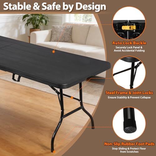SUPER DEAL 8FT Folding Picnic Table for Indoor Outdoor, Portable Fold-in-Half Plastic Dining Camping Party Table with Carrying Handle, Black - Image 4