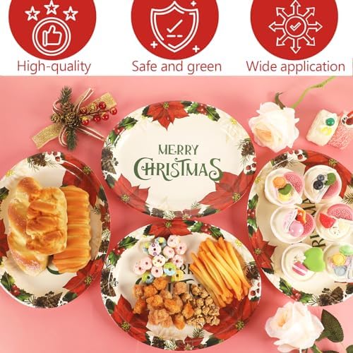 50 PCS Christmas Oval Paper Plates Large 11” Disposable Poinsettias Theme Party Decorations Winter Floral Supplies Favor for Merry Christmas Dinner Heavy Duty Dish Platter Birthday Party Tableware Set - Image 4