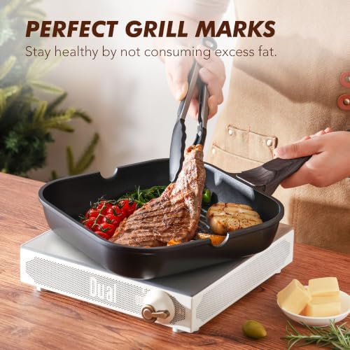 SENSARTE Nonstick Grill Pan with Lid, Grill Pan for Stove Tops, Versatile Griddle with Pour Spouts, Square Big Cooking Surface, Durable Skillet Indoor & Outdoor Grilling. PFOA Free, 9.5 Inch - Image 4