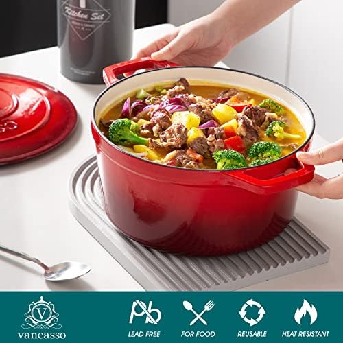 vancasso 6 Qt Round Enameled Cast Iron Dutch Oven with Lid & Handles, Red - Image 3