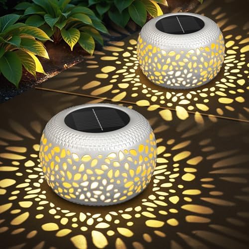 Solar Lanterns Outdoor Waterproof: 2 Pack White Cutout Metal Solar Lantern by NFEVER