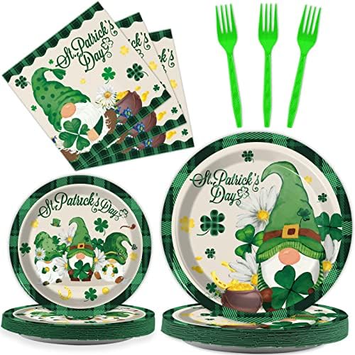 Wiooffen 96 Pcs St. Patrick’s Day Plates and Napkins Green Shamrock Gnome Lucky Tableware Set Irish Festival Party Supplies Table Decorations for 24 Guests by Wiooffen