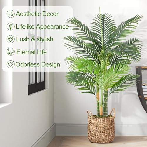 4ft Tall Triple Golden Cane Palm Artificial Tree 48" Large Tropical Palm Tree UV Resistant Fake Tree in Pot for Indoor Outdoor Big House Living Room Outside Patio Office Home Decor 2Pack - Image 6