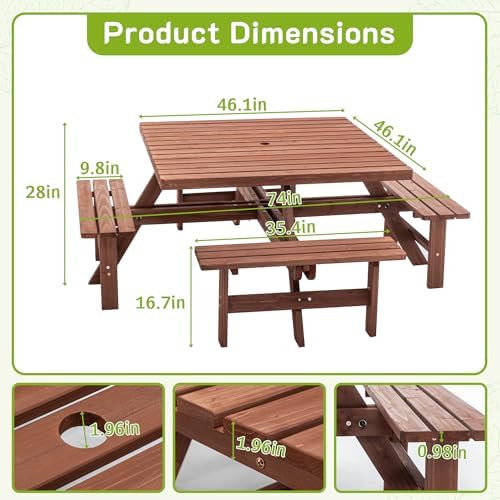6-8 Person Square Picnic Table with Umbrella Hole Waterproof & Sturdy Cross StructureOutdoor Camping Wooden Dining Tables Set for Backyard Garden Camping Easy Clean,46.1",Brown - Image 2