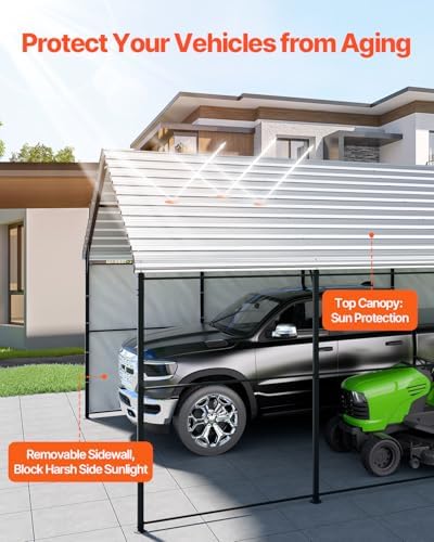 VEVOR Heavy Duty Metal Carport, 13' x 26' Outdoor Carport with Galvanized Steel Frame & Roof, Car Tent Garage Shade with Removable Sidewalls, Multi-Use Car Shelter for Pickup, Boat, Car & Tractors - Image 3