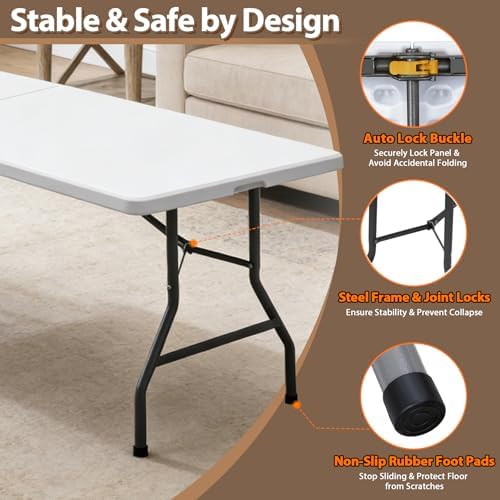 SUPER DEAL 8FT Folding Picnic Table for Indoor Outdoor, Portable Fold-in-Half Plastic Dining Camping Party Table with Carrying Handle - Image 4