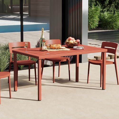 Costaelm Outdoor Dining Table for 6, Rectangular Metal Patio Table, 6-Person Weather Resistant Steel Slat Table for Lawn Garden Backyard, Red by Costaelm