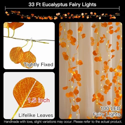 suddus Vine with Fairy Lights Battery Operated, 33ft 100 LED Eucalyptus Leaf String Lights with Remote, Dimmable Fall Garland with Lights for Bedroom Indoor Thanksgiving Christmas Decor (Warm White) - Image 5