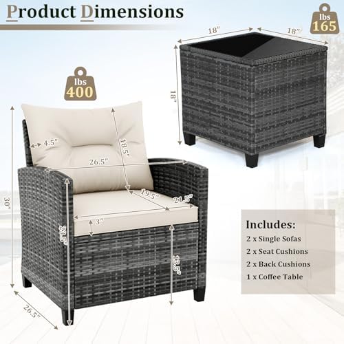 RELAX4LIFE 3 Piece Patio Furniture Set, Wicker Bistro Conversation Set w/2 Cushioned Armchairs & Glass Topped Table, Outdoor Rattan Sofa Set Patio Furniture for Porch Balcony Poolside (Grey-White) - Image 3