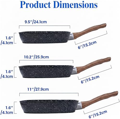 Simple Deluxe 3 Pieces Nonstick Grill Pan Set, Square Versatile Griddle Pans with Wooden Handle, Durable Skillet Indoor & Outdoor Use, All Stovetops Compatible(9.5", 10.2", 11"), PFOA Free, Black - Image 7