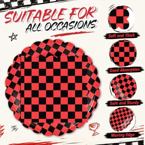 Roshtia 120 Pcs Black Red Checked Plates and Napkins, Racing Party Decor - Image 3