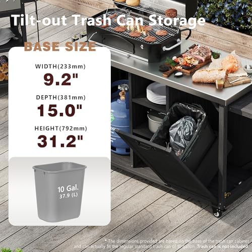 Merax 78.3" Outdoor Kitchen Island with Foldable Grill Table, Wooden Outdoor Grill Cart with Trash Can Storage & Stainless Steel Top, Outdoor Bar Cart, Pizza Oven Table for Lawn & Garden, Black - Image 6