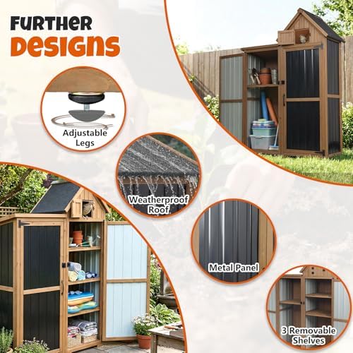 All-in-One Metal & Wood Outdoor Storage Cabinet with Top Compartment, Waterproof Asphalt Roof, Removable Shelves, Heavy-Duty Patio Garage Organizer - Image 4