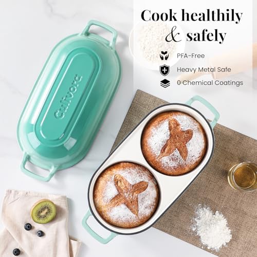 Cast Iron Bread Pan with Lid, Mini Enamel Sourdough Baking Dutch Oven Pot, Double Round Loaf Space for Homemade, Bread, Cake, Meatloaf, 16.5cm Diameter, 500°F Oven Safe, Non Stick, Green - Image 5