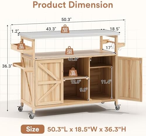 Zevemomo Outdoor Grill Cart with Storage, Stainless Steel Tabletop Outdoor Kitchen Island, Solid Wood Outdoor Buffet Cabinet with Wheels for Grilling, Light Wood Color - Image 2