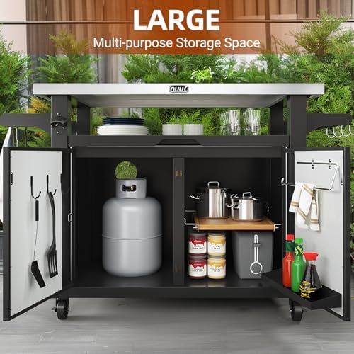 NUUK Outdoor Grill Cart with Storage Cabinet Metal Kitchen Island Prep Table with Movable Universal Wheels and Stainless Steel Top for Outside BBQ Backyard Include Hooks Spice Rack - Image 2