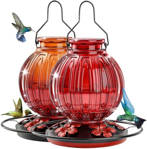 2 Pack Glass Hummingbird Feeder for Outdoors Hanging, Bird Nectar Feeder with Perch & 5 Flower Feeding Ports, 26 Oz Leak Proof for Outside Garden Decor Backyard, Gifts for Women Mom, Red + Orange Red by GreteGotye