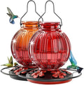 2 Pack Glass Hummingbird Feeder for Outdoors Hanging, Bird Nectar Feeder with Perch & 5 Flower Feeding Ports, 26 Oz Leak Proof for Outside Garden Decor Backyard, Gifts for Women Mom, Red + Orange Red by GreteGotye
