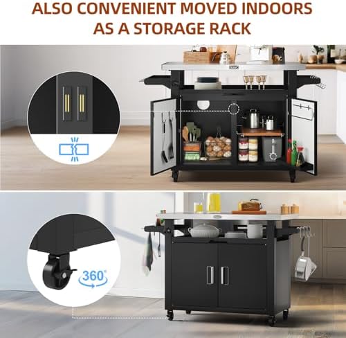 NUUK Outdoor Grill Cart with Storage Cabinet Metal Kitchen Island Prep Table with Movable Universal Wheels and Stainless Steel Top for Outside BBQ Backyard Include Hooks Spice Rack - Image 3
