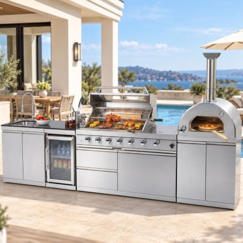 108,000 BTU Modular Outdoor Kitchen,125" Stainless Steel Propane Grill with Built-In Pizza Oven,Standalone Side Burner,Rotisserie,Refrigerator,Granite Countertop,Storage Drawers & Cabinets. by Unknown