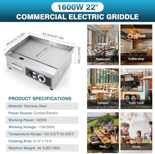 IRONWALLS Electric Griddle Nonstick 22 Inch, Stainless Steel Commercial Griddle for Indoor & Outdoor, 2-IN-1 Half Flat Top Griddle Grill for Restaurant & Home, 122℉-572℉ Adjustable Temperature - Image 2