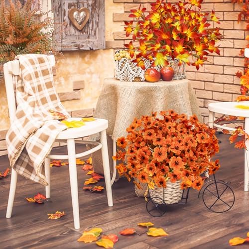 64Pcs Fall Flowers Outdoor Faux Fall Flowers Plants UV Resistant Autumn Artificial Plastic Flowers Greenery Fall Decoration for Outside Home Porch Patio Thanksgiving Decoration - Image 3