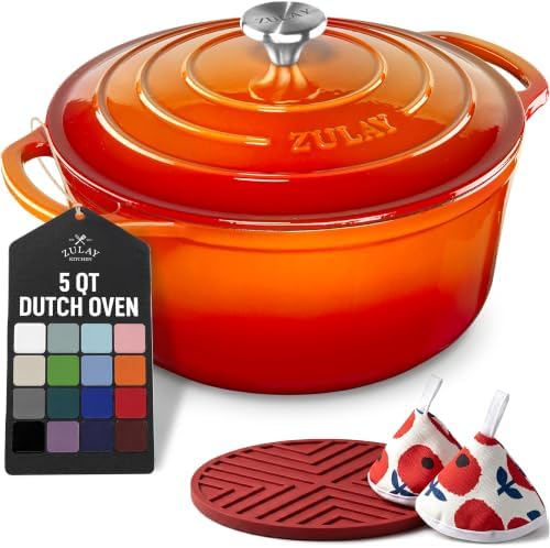 Zulay Kitchen 5 Quart Enameled Cast Iron Dutch Oven Pot with Lid – Premium Durability & Oven Safe up to 500°F – Heavy Duty Cookware Perfect for Bread Baking, Stews, Braising & Roasting – Orange by ZulayKitchen