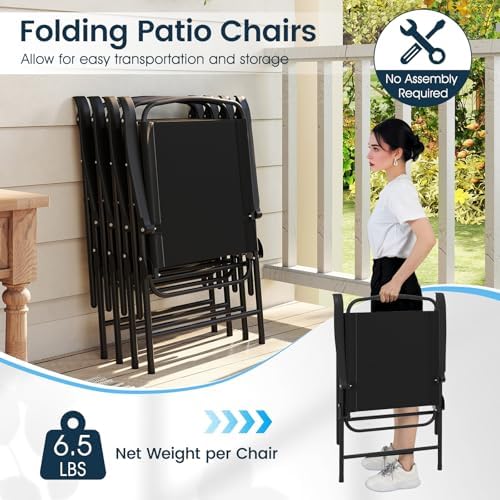 Tangkula 6 Pieces Patio Dining Set with Umbrella, Outdoor Table and Folding Chairs Set with 4 Armchairs and Round Tempered Glass Table for Garden, Deck, Lawn and Backyard (Black) - Image 4