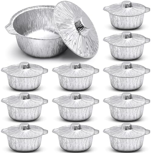 Ziliny 12 Pcs Disposable Aluminum Pot with Lid Round Foil Pans Disposable Cookware Food Container for Vacation Trips Camping Baking Heating Cooking (33.8 oz) by Ziliny