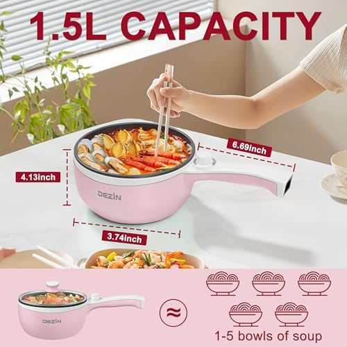 Dezin Electric Pot with Steamer, 1.5L Non-Stick Portable Hot Pot Electric - Image 2