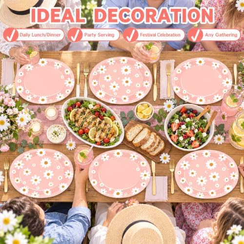 Qyeahkj 50 PCS Pink Daisy Oval Paper Plates Spring Large 11” One Two Groovy Party Decorations Floral Supplies Favor for Summer Flower Wedding Birthday Party Disposable Tableware Set - Image 5