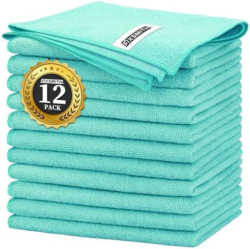 FIXSMITH Turquoise Microfiber Cleaning Cloth -Pack of 12, Highly Absorbent Cleaning Rags, 16"X12" All Purpose Cleaning Towels for Housekeeping, Kitchen, Car, Lint Free and Reusable Microfiber Towels by FIXSMITH