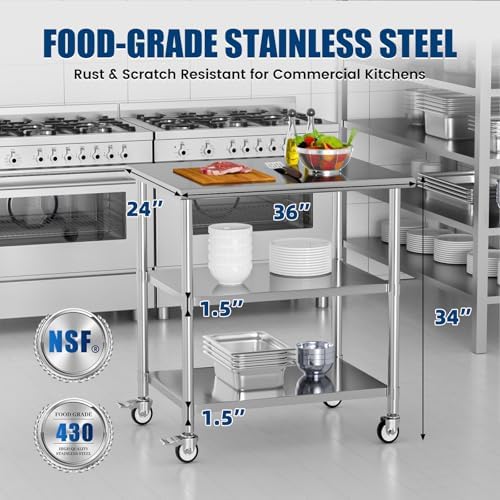 Stainless Steel Work Table with Wheels, 24x36 Inch NSF Kitchen Prep Table with 2 Adjustable Undershelves for Commercial Restaurant, Garage, Outdoor BBQ - Image 3