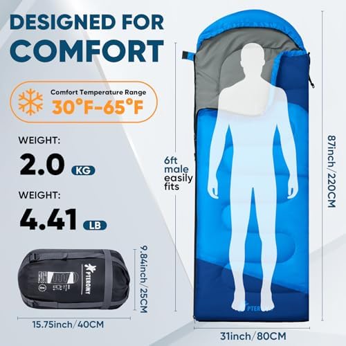 PTEROMY Sleeping Bags for Adults, Lightweight and Machine Washable, Water Resistant Backpacking Camping Sleeping Bag for Warm Cold Weather, Camping Essentials for Hiking Travel - Image 2