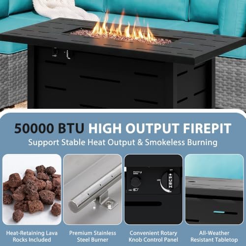 Shintenchi 8 Piece Outdoor Patio Furniture Set with 43 Inch Propane Fire Pit, Washable Cushions, Glass Coffee Table, Waterproof Cover & CSA Certified for Backyard Poolside, Silver PE Rattan/Blue - Image 5