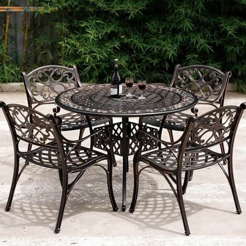 41" Round Patio Dining Table with Umbrella Hole, Outdoor Cast Aluminum Bistro Conversation Outdoor Table for Backyard Porch Pool Balcony Deck - Image 6