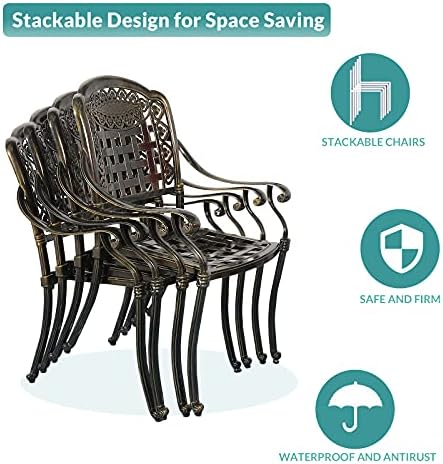 MEETWARM 5 Piece Patio Dining Set, Outdoor All-Weather Cast Aluminum Dining Table Set, Patio Furniture Set for Backyard Garden Deck, Include 4 Chairs and a 35.4" Round Table with Umbrella Hole - Image 5