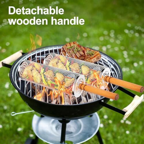 2PCS Nesting Grill Baskets with Removable Wooden Handles(11.8" x 3.9"), 304 Stainless Steel Rolling Barbecue Grill Mesh for Vegetables and Shrimp, BBQ Accessory Gifts for Men, BBQ Net Tube - Image 5