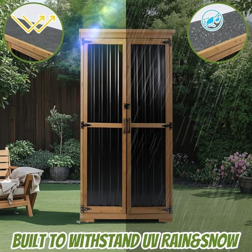 Outdoor Storage Cabinet with Shelf, Wood & Metal Storage Shed with Waterproof Roof & Lockable Doors,Tall Outdoor Cabinets for Patio Backyard, Gardening Tools and Accessories, Brown - Image 2