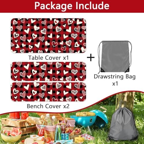 Valentines Day Picnic Table Cover with Bench Covers, Camping Essentials, Heart Buffalo Plaid Outdoor Table Covers, Waterproof Windproof, Fitted Tablecloth Cover with Elastic Edge, 3 PCS, 30x96 Inch - Image 6