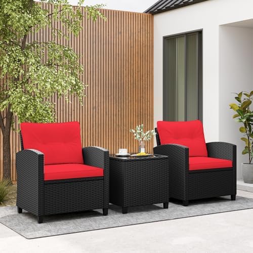 Tangkula 3 Pieces Patio Furniture Set, Rattan Conversation Set w/Soft Seat & Back Cushions, Tempered Glass Topped Coffee Table, Cushioned Wicker Seating for Backyard, Porch, Poolside (Red) - Image 4