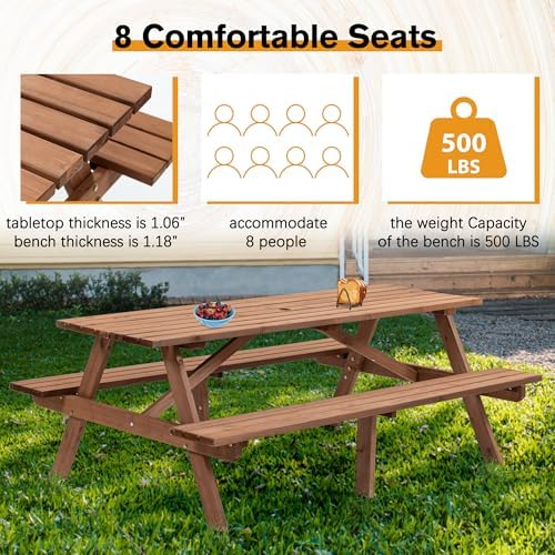 Brown 75" Rectangular Wooden Picnic Tables for Outdoors - Image 5