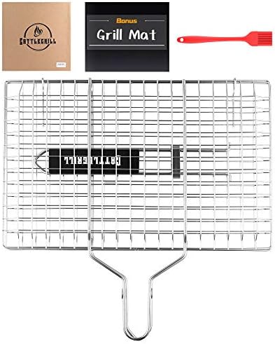 Foldable BBQ Fish Grill Basket with 430 Stainless Steel, Grill Set Includes: a Reusable Grill mat and a basting Brush. by Cattlegrill