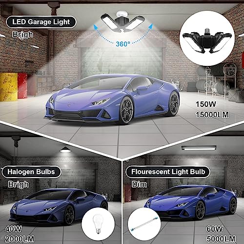 4 Pack LED Garage Light, 150W 15000LM 6500K LED Shop Lights, Garage Lights Ceiling Led with 4 Deformable Panels, Screw in E26/E27 Bulb Socket for Warehouse, Basement, Attic, Barn, High Bay Lighting - Image 5