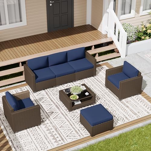 LOUVIXA 7 Piece Outdoor Patio Furniture Set, Rattan Chairs Glass Table Wicker Conversation Seating Sectional Sofa with Cushions (Brown-Navy, 7Pcs-2 Layer Coffee Table) - Image 5