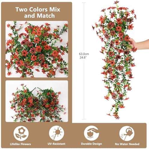 ZFProcess Artificial Hanging Flowers for Outdoors, 2 Pcs Fake Hanging Plant Spring Summer Decor, UV Resistant No Fade Realistic Faux Flower for Front Door Porch Planter Patio Garden Yard(Red Brown) - Image 6