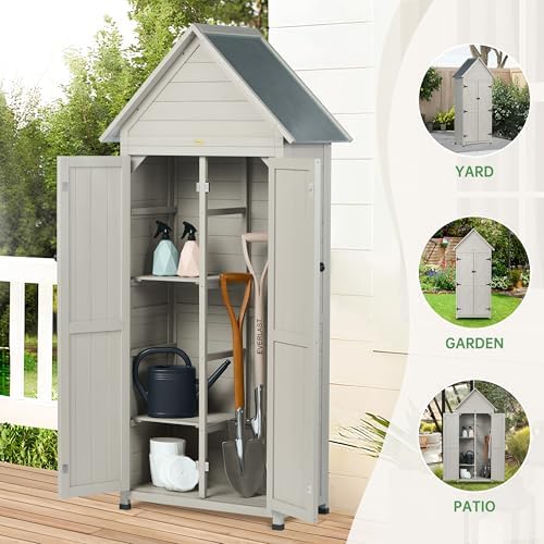 Outdoor Storage Shed with Floor & Adjustable Shelves, Wooden Garden Tool Cabinet Weatherproof, 71" Vertical Patio Organizer - Image 2