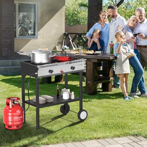 Bonnlo 2 Burner Propane Gas Stove with Auto Ignition, 150,000 BTU Portable Outdoor Camp Cooker Stove with Convenient Shelf & Smooth Rolling Wheels for Backyard, Camping, Tailgating, Patio Parties - Image 7