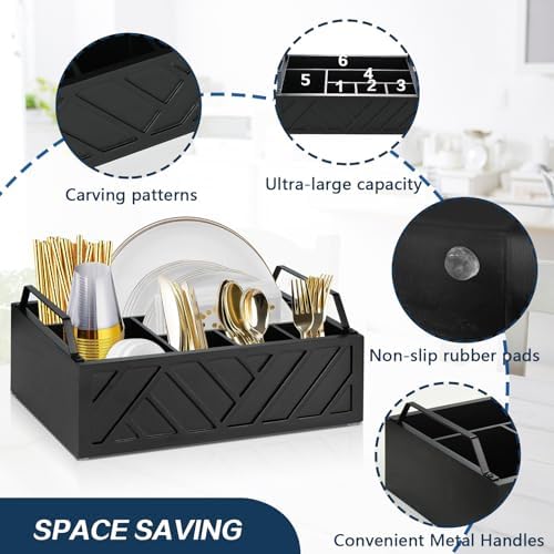 Ukonvi Paper Plate Dispenser and Holder for Kitchen Counter, Wood Rustic Silverware Utensil Caddy, Cutlery Flatware Organizer Box for Cups Spoons Forks Napkins, Kitchen Accessories - Image 6