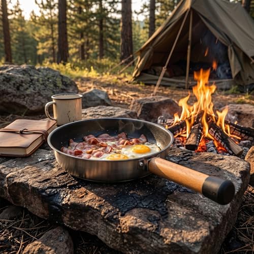 POCREATION Camping Frying Pan, 7.87 in Stainless Steel, Wooden Handle - Image 7